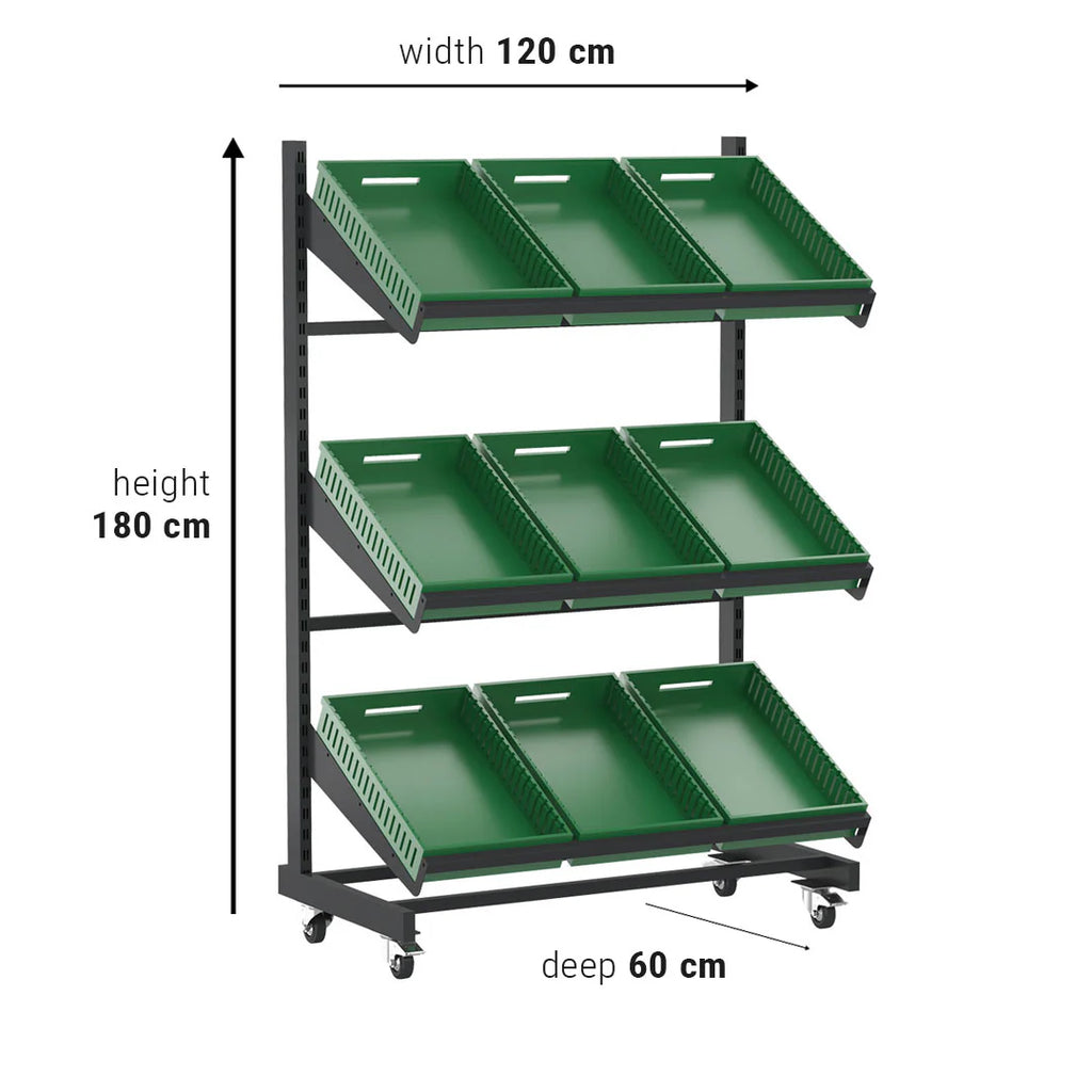 Single Sided Mobile Fruit and Vegetable Display Rack Only Unit (3 Shelves)