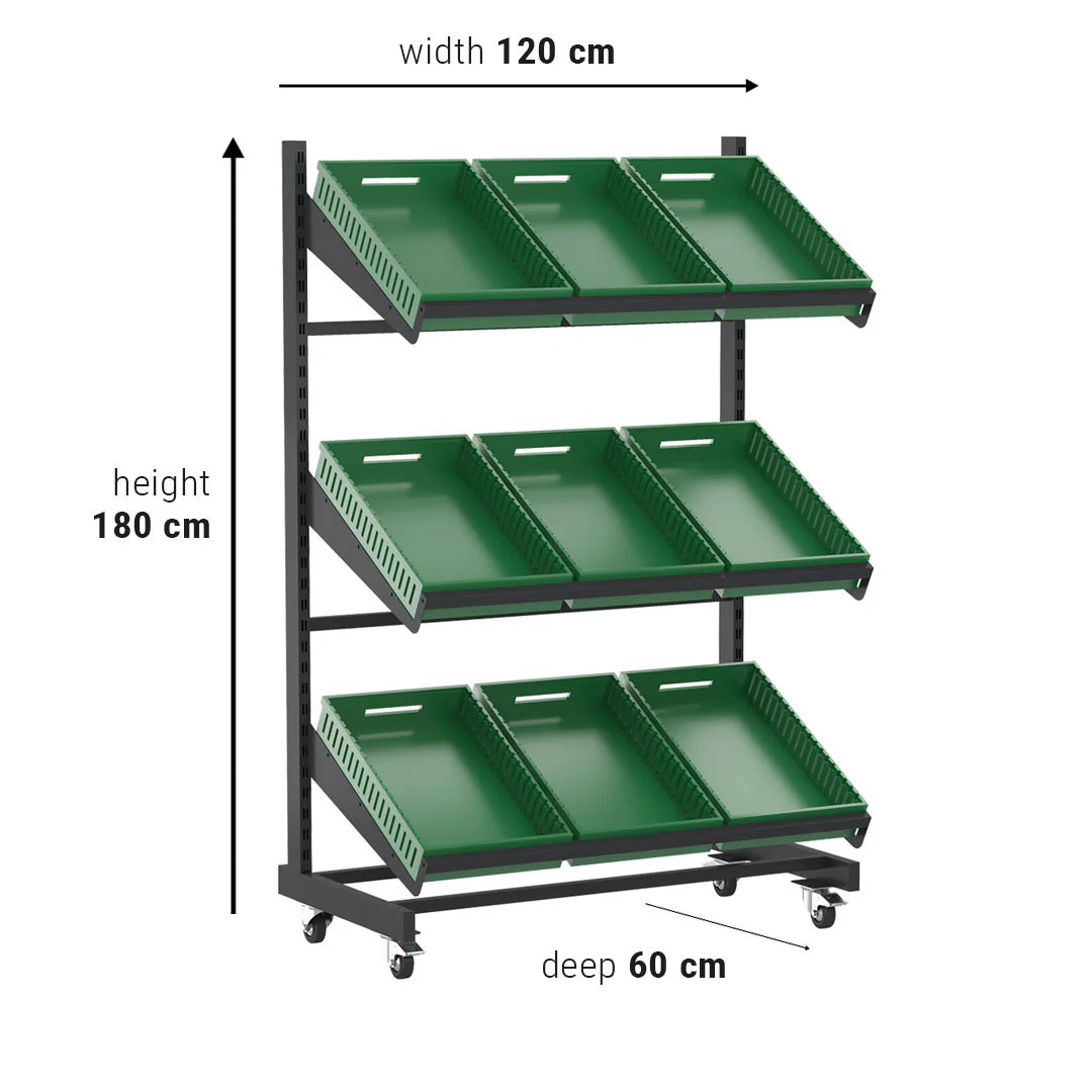 Single Sided Mobile Fruit and Vegetable Display Rack Only Unit (3 Shelves)