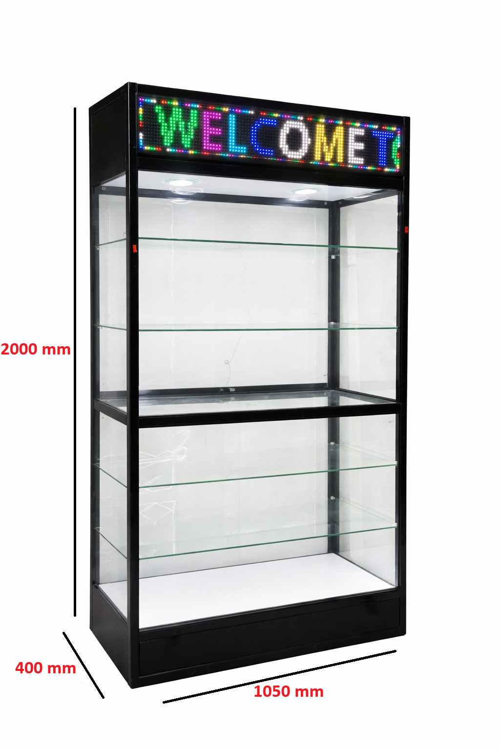 Dual Section Glass Tower Showcase Display Cabinet - Black with Digital Screen - 2000 x 1050 x 400mm