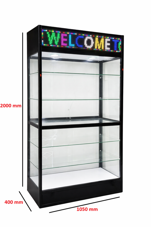 Dual Section Glass Tower Showcase Display Cabinet - Black with Digital Screen - 2000 x 1050 x 400mm