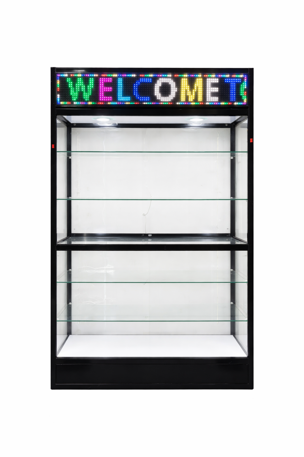 Dual Section Glass Tower Showcase Display Cabinet - Black with Digital Screen - 2000 x 1050 x 400mm